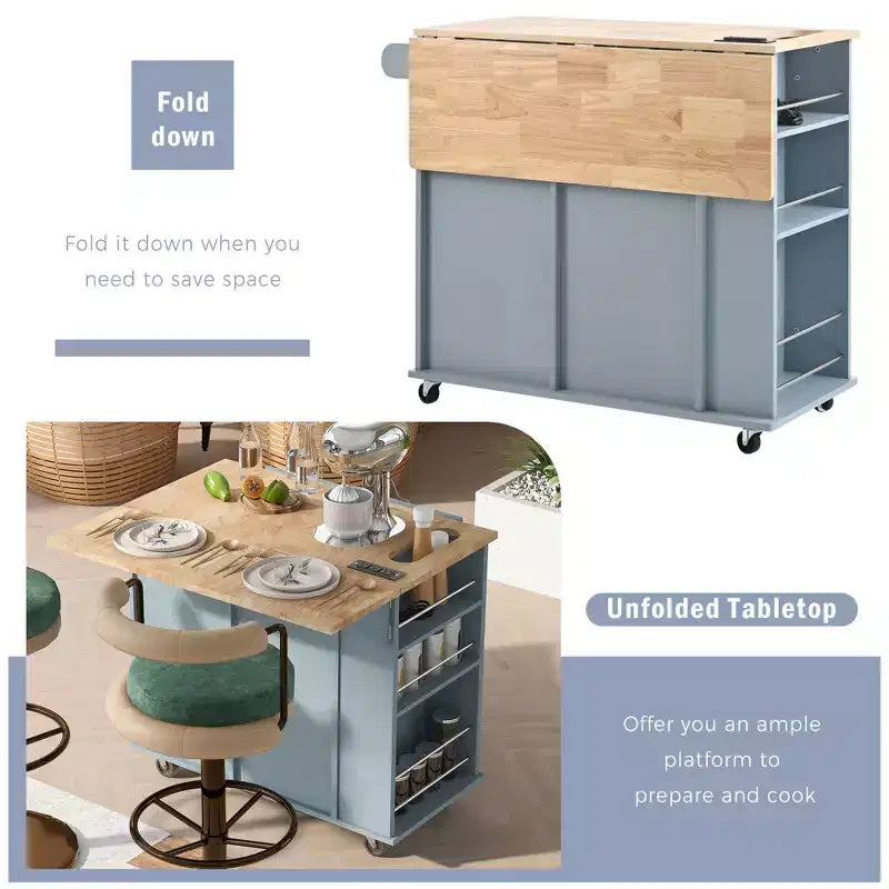 GDFStudio Patsy Movable Kitchen Island with Power Outlet, Drop Leaf and Rubber Wood Top