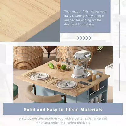 GDFStudio Patsy Movable Kitchen Island with Power Outlet, Drop Leaf and Rubber Wood Top