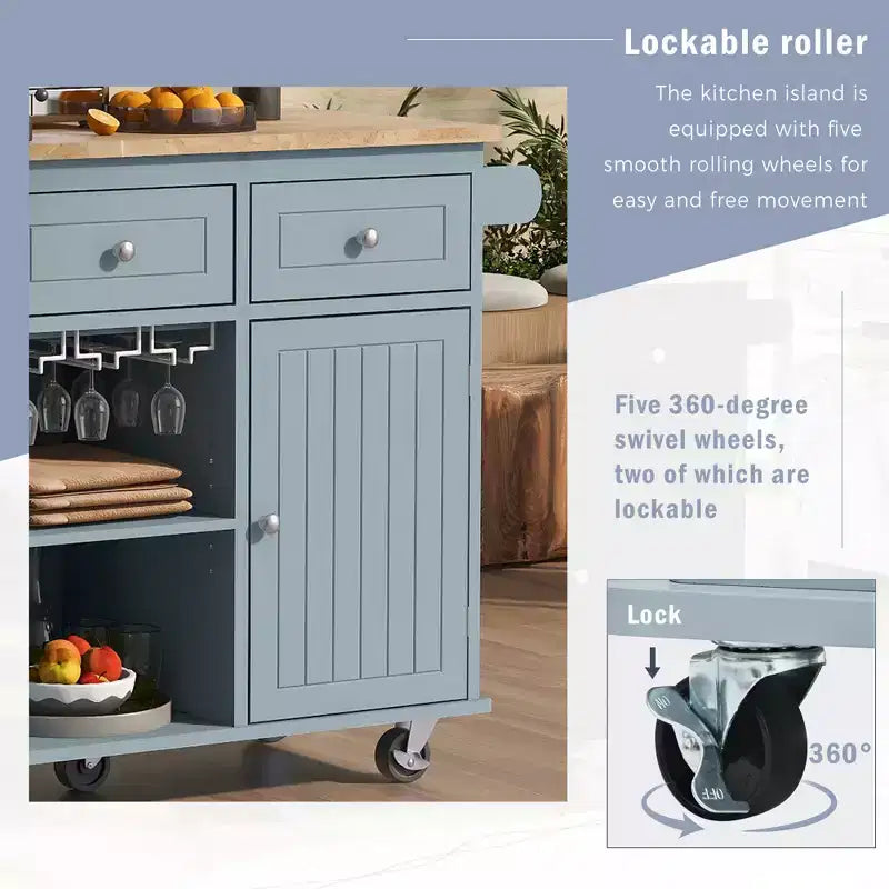 GDFStudio Patsy Movable Kitchen Island with Power Outlet, Drop Leaf and Rubber Wood Top