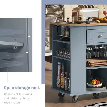 GDFStudio Patsy Movable Kitchen Island with Power Outlet, Drop Leaf and Rubber Wood Top