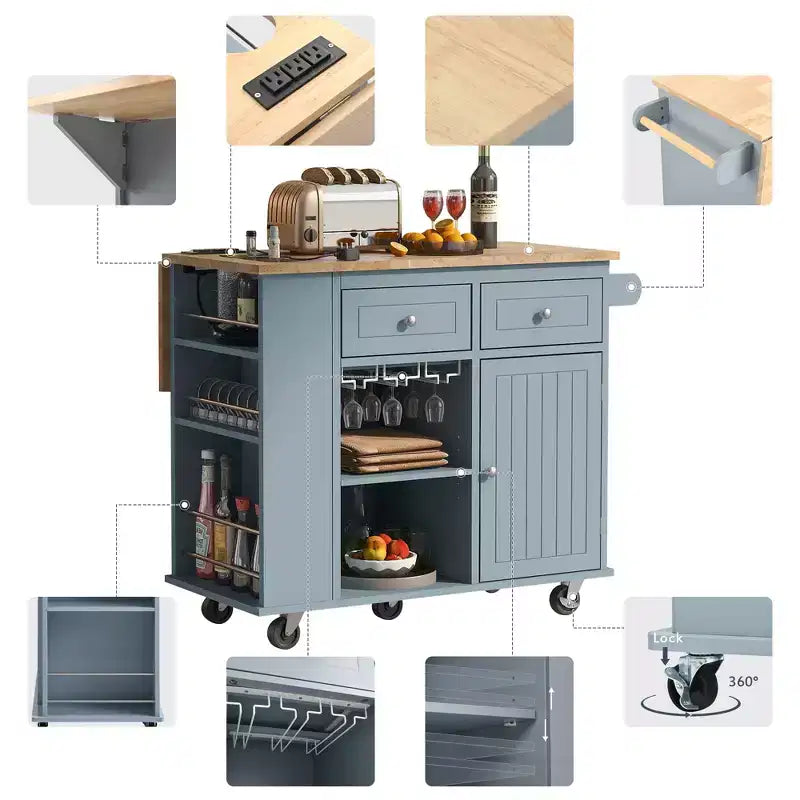 GDFStudio Patsy Movable Kitchen Island with Power Outlet, Drop Leaf and Rubber Wood Top