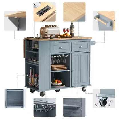 GDFStudio Patsy Movable Kitchen Island with Power Outlet, Drop Leaf and Rubber Wood Top