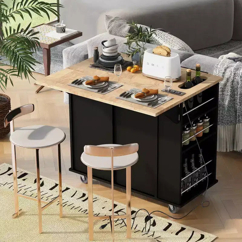 GDFStudio Patsy Movable Kitchen Island with Power Outlet, Drop Leaf and Rubber Wood Top