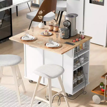 GDFStudio Patsy Movable Kitchen Island with Power Outlet, Drop Leaf and Rubber Wood Top