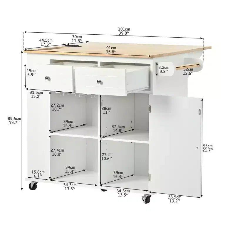 GDFStudio Patsy Movable Kitchen Island with Power Outlet, Drop Leaf and Rubber Wood Top