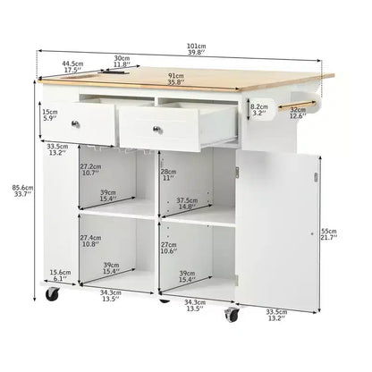 GDFStudio Patsy Movable Kitchen Island with Power Outlet, Drop Leaf and Rubber Wood Top