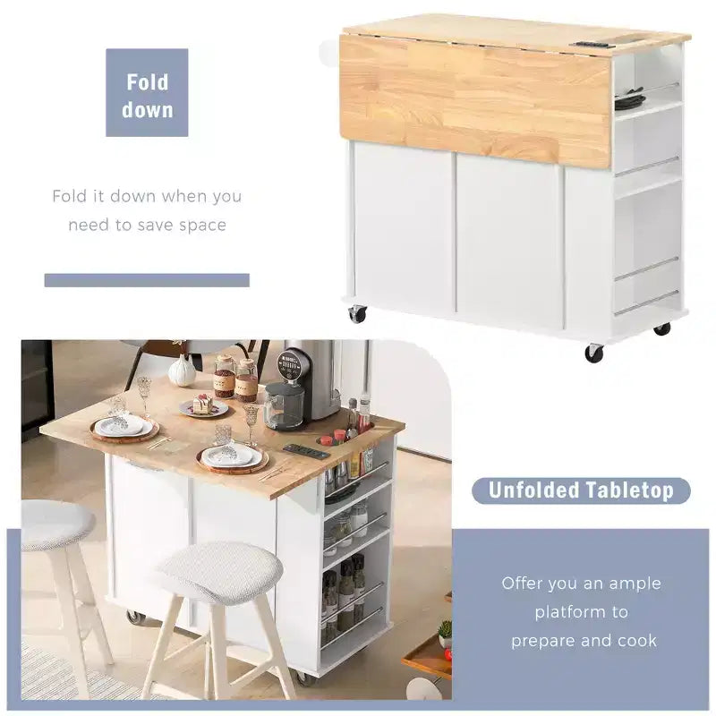 GDFStudio Patsy Movable Kitchen Island with Power Outlet, Drop Leaf and Rubber Wood Top