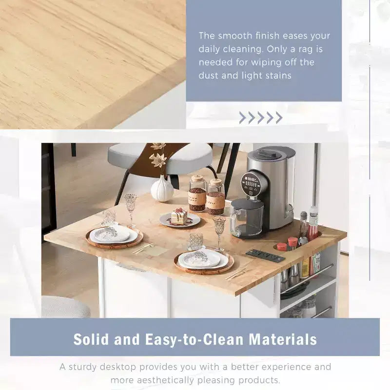 GDFStudio Patsy Movable Kitchen Island with Power Outlet, Drop Leaf and Rubber Wood Top