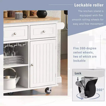GDFStudio Patsy Movable Kitchen Island with Power Outlet, Drop Leaf and Rubber Wood Top