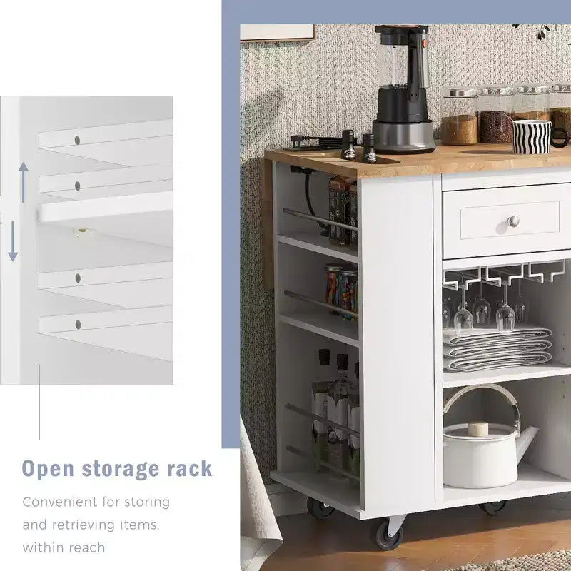 GDFStudio Patsy Movable Kitchen Island with Power Outlet, Drop Leaf and Rubber Wood Top