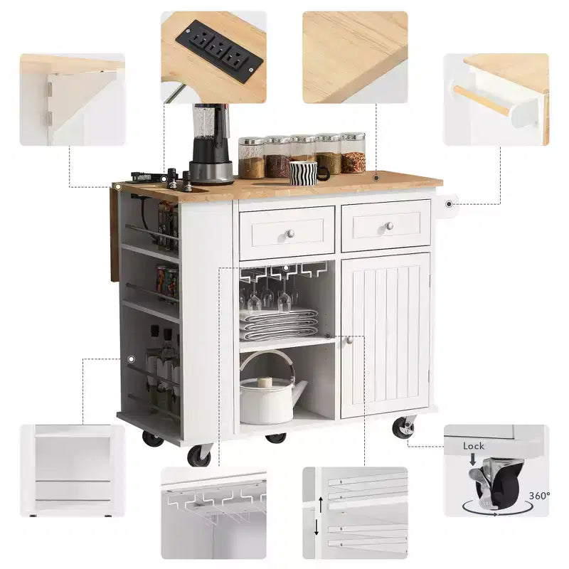 GDFStudio Patsy Movable Kitchen Island with Power Outlet, Drop Leaf and Rubber Wood Top