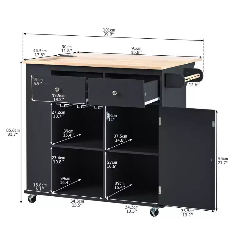 GDFStudio Patsy Movable Kitchen Island with Power Outlet, Drop Leaf and Rubber Wood Top