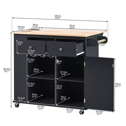 GDFStudio Patsy Movable Kitchen Island with Power Outlet, Drop Leaf and Rubber Wood Top