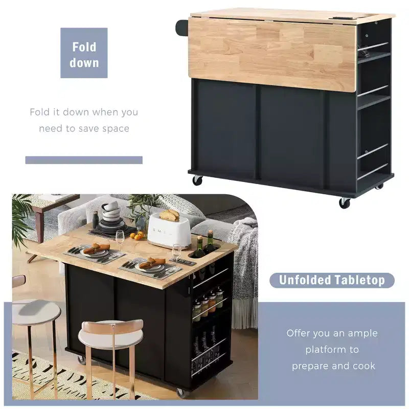 GDFStudio Patsy Movable Kitchen Island with Power Outlet, Drop Leaf and Rubber Wood Top