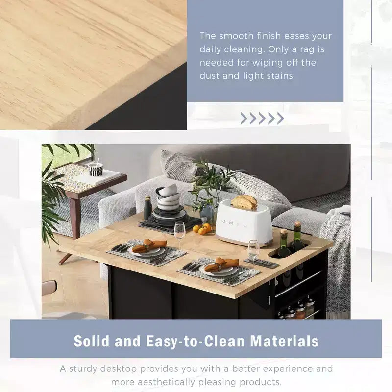 GDFStudio Patsy Movable Kitchen Island with Power Outlet, Drop Leaf and Rubber Wood Top