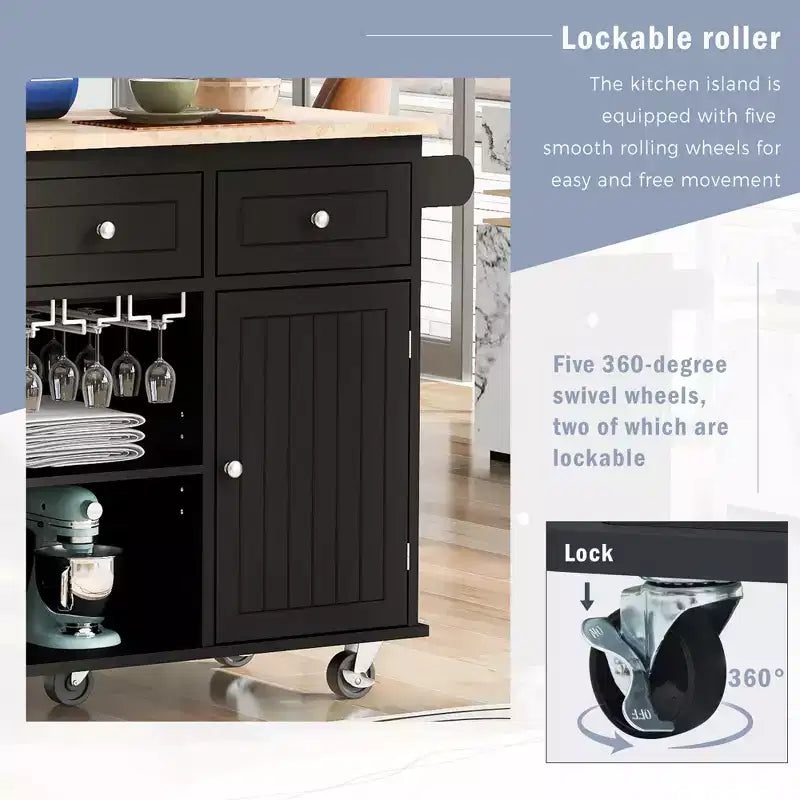 GDFStudio Patsy Movable Kitchen Island with Power Outlet, Drop Leaf and Rubber Wood Top
