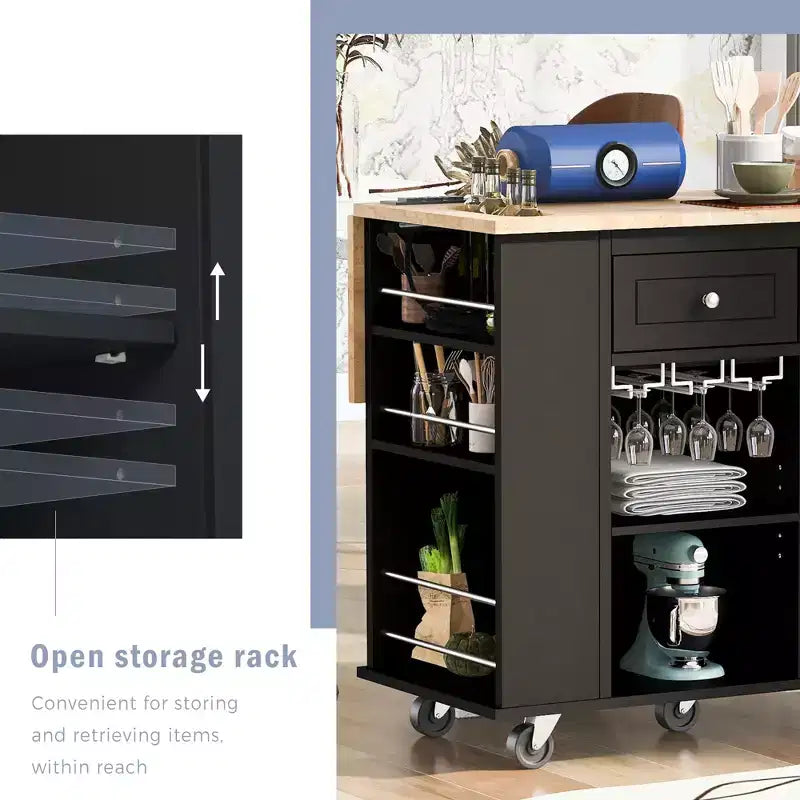 GDFStudio Patsy Movable Kitchen Island with Power Outlet, Drop Leaf and Rubber Wood Top