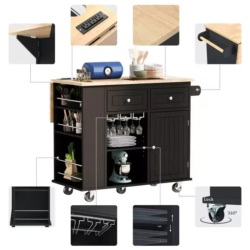 GDFStudio Patsy Movable Kitchen Island with Power Outlet, Drop Leaf and Rubber Wood Top