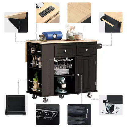 GDFStudio Patsy Movable Kitchen Island with Power Outlet, Drop Leaf and Rubber Wood Top