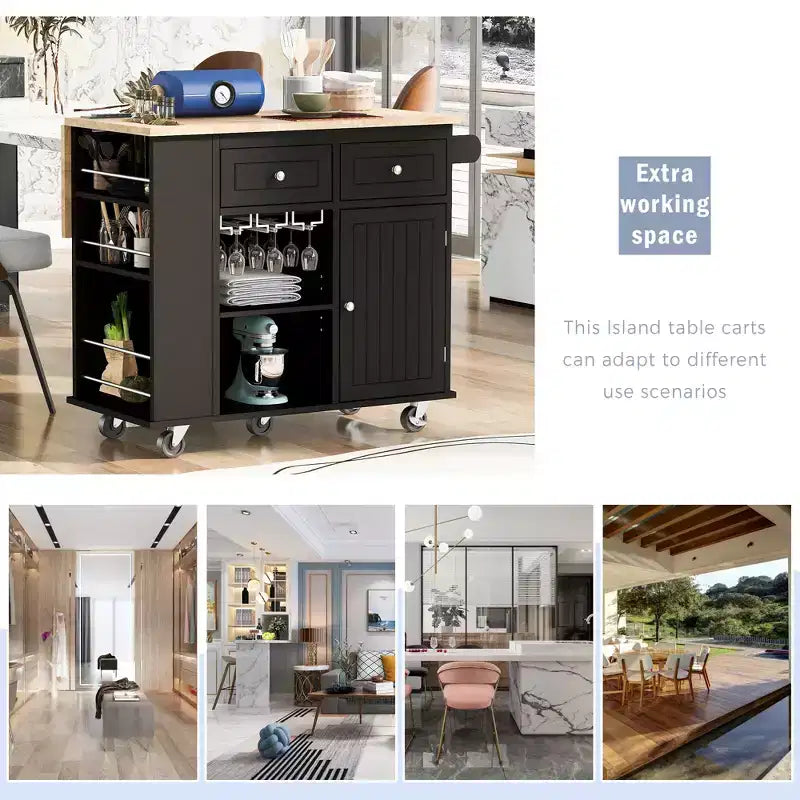 GDFStudio Patsy Movable Kitchen Island with Power Outlet, Drop Leaf and Rubber Wood Top