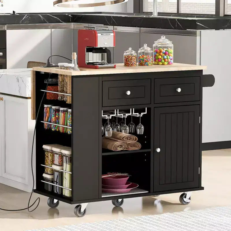 GDFStudio Patsy Movable Kitchen Island with Power Outlet, Drop Leaf and Rubber Wood Top