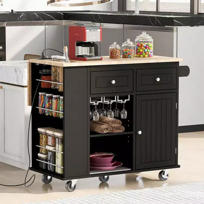 GDFStudio Patsy Movable Kitchen Island with Power Outlet, Drop Leaf and Rubber Wood Top