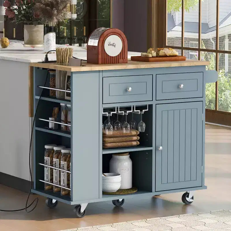 GDFStudio Patsy Movable Kitchen Island with Power Outlet, Drop Leaf and Rubber Wood Top
