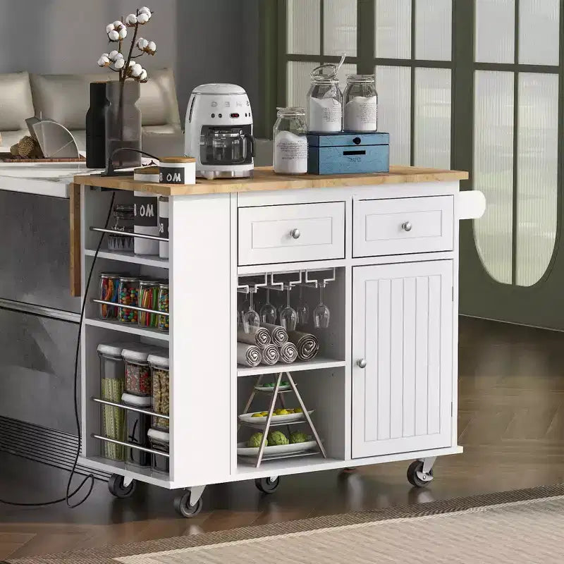 GDFStudio Patsy Movable Kitchen Island with Power Outlet, Drop Leaf and Rubber Wood Top