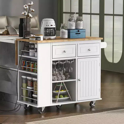 GDFStudio Patsy Movable Kitchen Island with Power Outlet, Drop Leaf and Rubber Wood Top