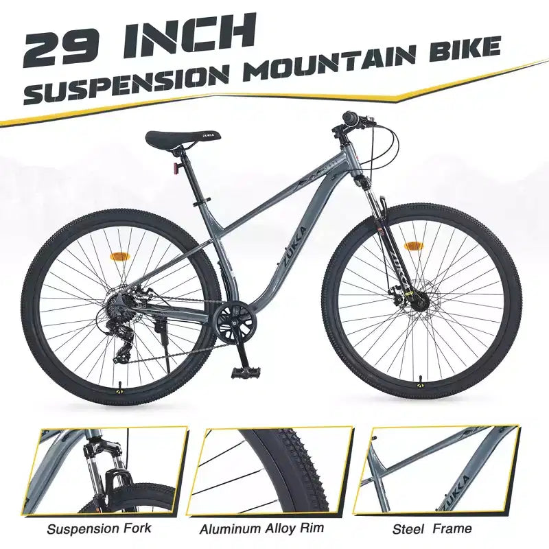 VTT 29 pouces, Monovitesse/ 8 vitesses, Cadre en acier, Fourche à suspension avant, Frein à disque, pour femmes, hommes adultes, Multicolore