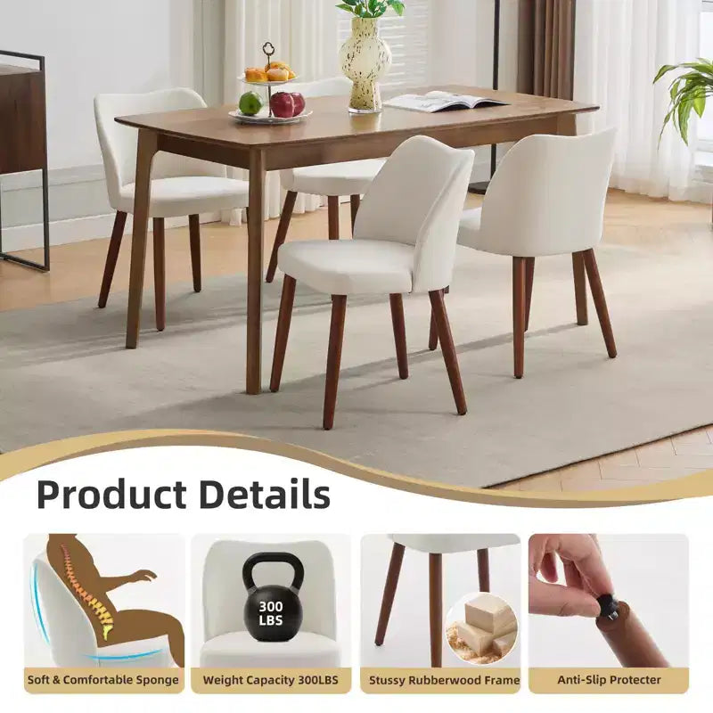 Set of 4 Modern Linen Upholstered Dining Chairs, Armless Kitchen Chairs with Wood Legs, Wing Backrest, Leveling Feet, Space-Saving Design, White