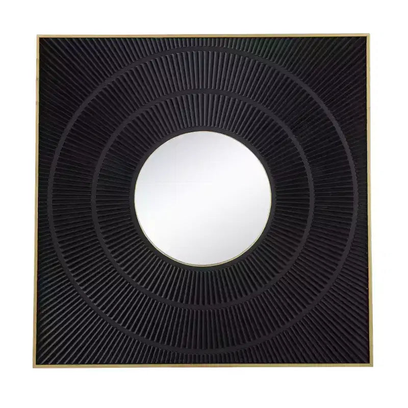40 x 40 Inch Square Carved Wall Mirror with Pleated Design and Gold Iron Frame