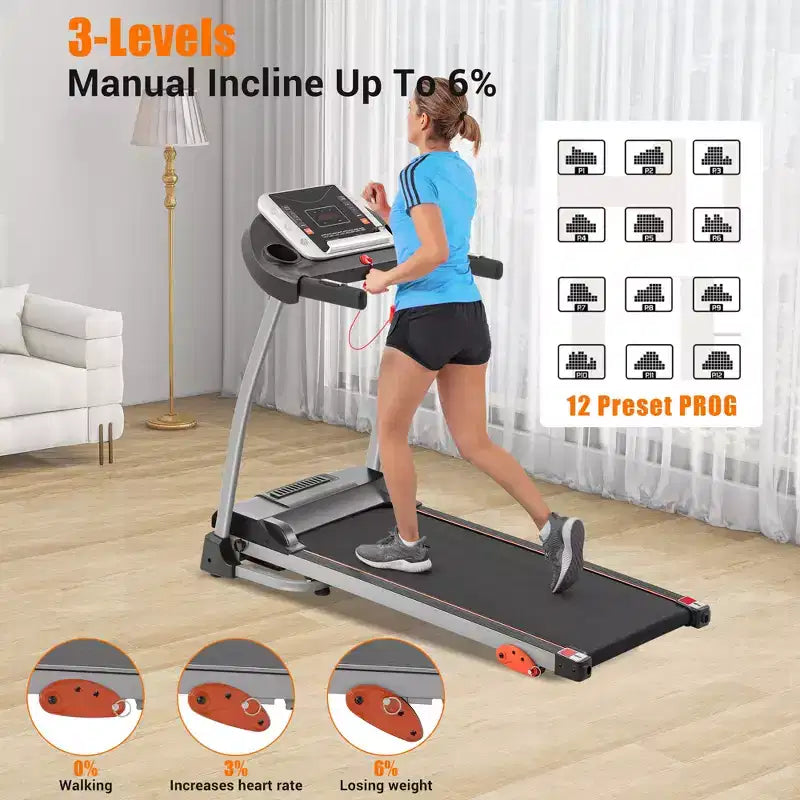 Easy Folding Treadmill for Home Use, 2.5HP Electric Running, Jogging & Walking Machine with Device Holder & Pulse Sensor, 3-Level Incline Adjustable
