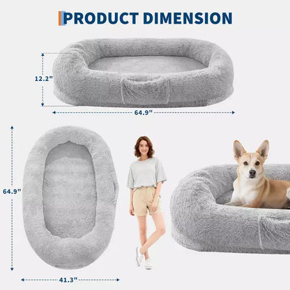 Human Dog Bed  65 x 41 x 12 Giant Faux Fur Bean Bag Bed with Handle, Removable Cover, Side Pocket & Egg-Crate Orthopedic Foam (Brown)