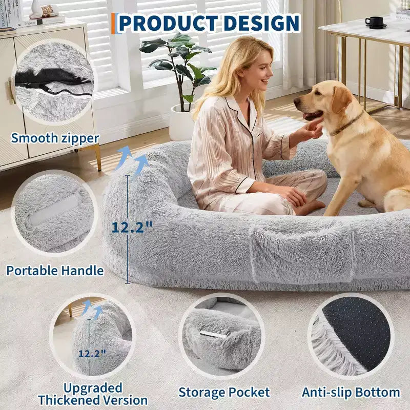 Human Dog Bed  65 x 41 x 12 Giant Faux Fur Bean Bag Bed with Handle, Removable Cover, Side Pocket & Egg-Crate Orthopedic Foam (Brown)