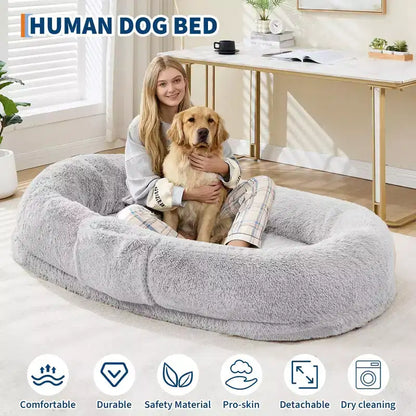 Human Dog Bed  65 x 41 x 12 Giant Faux Fur Bean Bag Bed with Handle, Removable Cover, Side Pocket & Egg-Crate Orthopedic Foam (Brown)