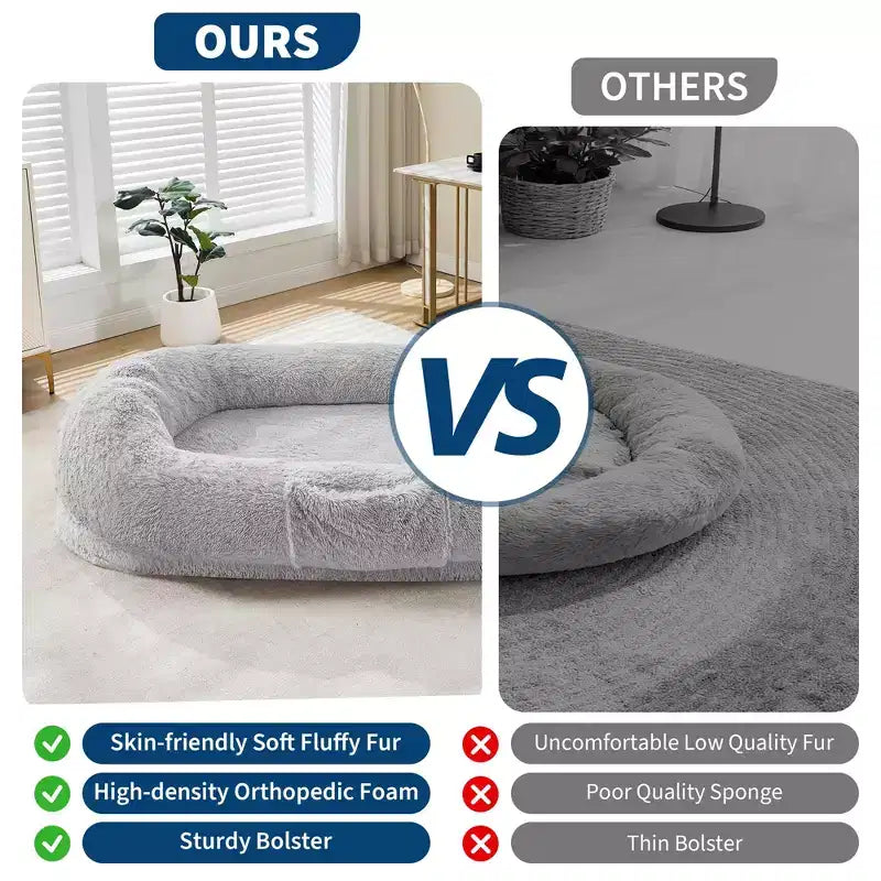 Human Dog Bed  65 x 41 x 12 Giant Faux Fur Bean Bag Bed with Handle, Removable Cover, Side Pocket & Egg-Crate Orthopedic Foam (Brown)