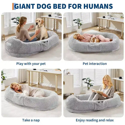 Human Dog Bed  65 x 41 x 12 Giant Faux Fur Bean Bag Bed with Handle, Removable Cover, Side Pocket & Egg-Crate Orthopedic Foam (Brown)