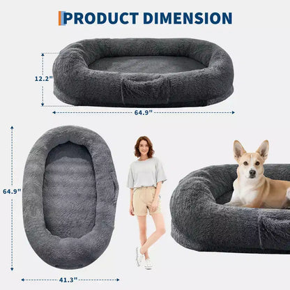 Human Dog Bed  65 x 41 x 12 Giant Faux Fur Bean Bag Bed with Handle, Removable Cover, Side Pocket & Egg-Crate Orthopedic Foam (Brown)