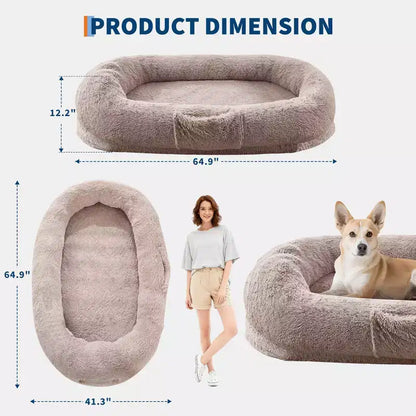 Human Dog Bed  65 x 41 x 12 Giant Faux Fur Bean Bag Bed with Handle, Removable Cover, Side Pocket & Egg-Crate Orthopedic Foam (Brown)