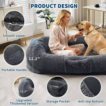 Human Dog Bed  65 x 41 x 12 Giant Faux Fur Bean Bag Bed with Handle, Removable Cover, Side Pocket & Egg-Crate Orthopedic Foam (Brown)