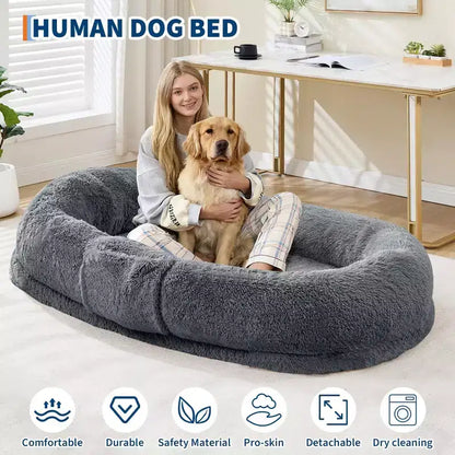 Human Dog Bed  65 x 41 x 12 Giant Faux Fur Bean Bag Bed with Handle, Removable Cover, Side Pocket & Egg-Crate Orthopedic Foam (Brown)