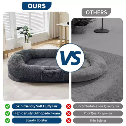 Human Dog Bed  65 x 41 x 12 Giant Faux Fur Bean Bag Bed with Handle, Removable Cover, Side Pocket & Egg-Crate Orthopedic Foam (Brown)