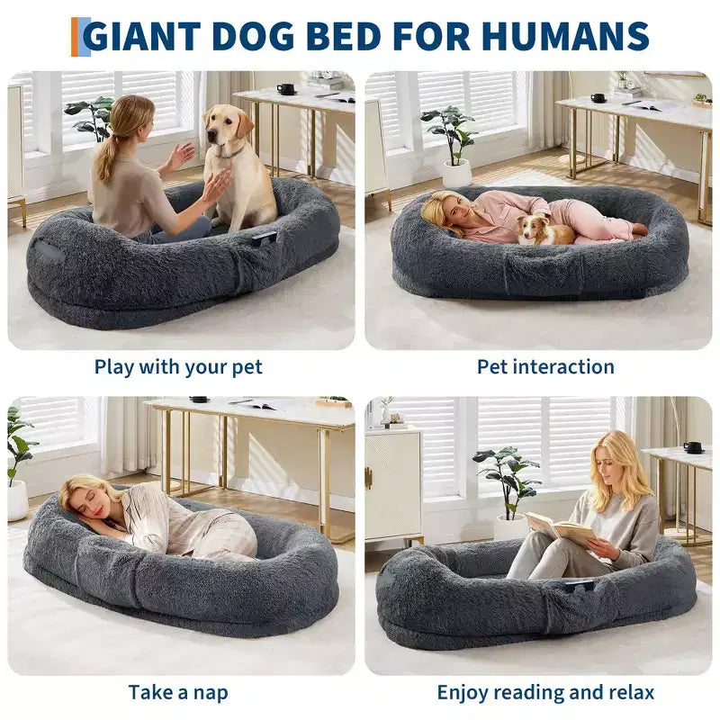 Human Dog Bed  65 x 41 x 12 Giant Faux Fur Bean Bag Bed with Handle, Removable Cover, Side Pocket & Egg-Crate Orthopedic Foam (Brown)