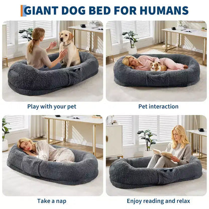 Human Dog Bed  65 x 41 x 12 Giant Faux Fur Bean Bag Bed with Handle, Removable Cover, Side Pocket & Egg-Crate Orthopedic Foam (Brown)