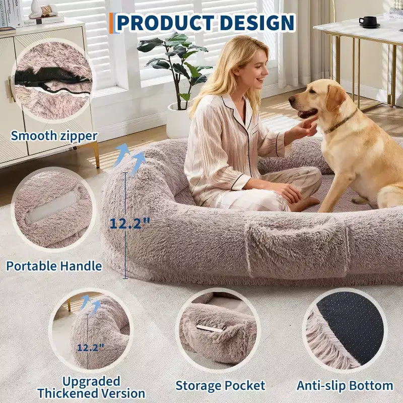 Human Dog Bed  65 x 41 x 12 Giant Faux Fur Bean Bag Bed with Handle, Removable Cover, Side Pocket & Egg-Crate Orthopedic Foam (Brown)