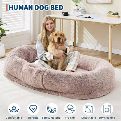 Human Dog Bed  65 x 41 x 12 Giant Faux Fur Bean Bag Bed with Handle, Removable Cover, Side Pocket & Egg-Crate Orthopedic Foam (Brown)