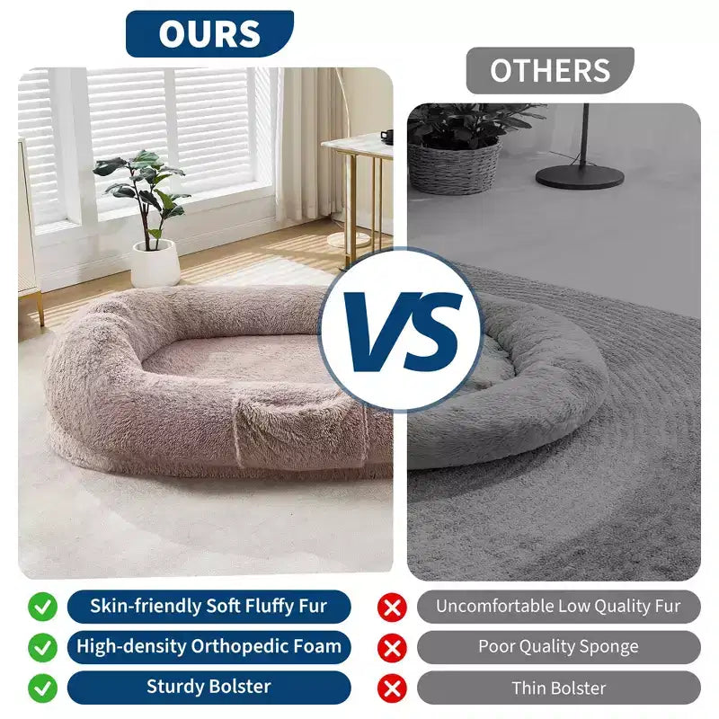 Human Dog Bed  65 x 41 x 12 Giant Faux Fur Bean Bag Bed with Handle, Removable Cover, Side Pocket & Egg-Crate Orthopedic Foam (Brown)