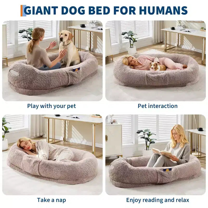 Human Dog Bed  65 x 41 x 12 Giant Faux Fur Bean Bag Bed with Handle, Removable Cover, Side Pocket & Egg-Crate Orthopedic Foam (Brown)