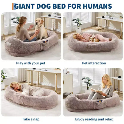 Human Dog Bed  65 x 41 x 12 Giant Faux Fur Bean Bag Bed with Handle, Removable Cover, Side Pocket & Egg-Crate Orthopedic Foam (Brown)
